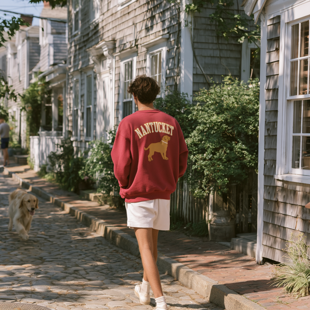 Male model wearing Nantucket Red Yellow Dog Nantucket collegiate sweatshirt