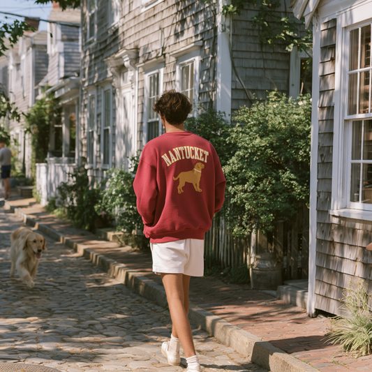 Male model wearing Nantucket Red Yellow Dog Nantucket collegiate sweatshirt