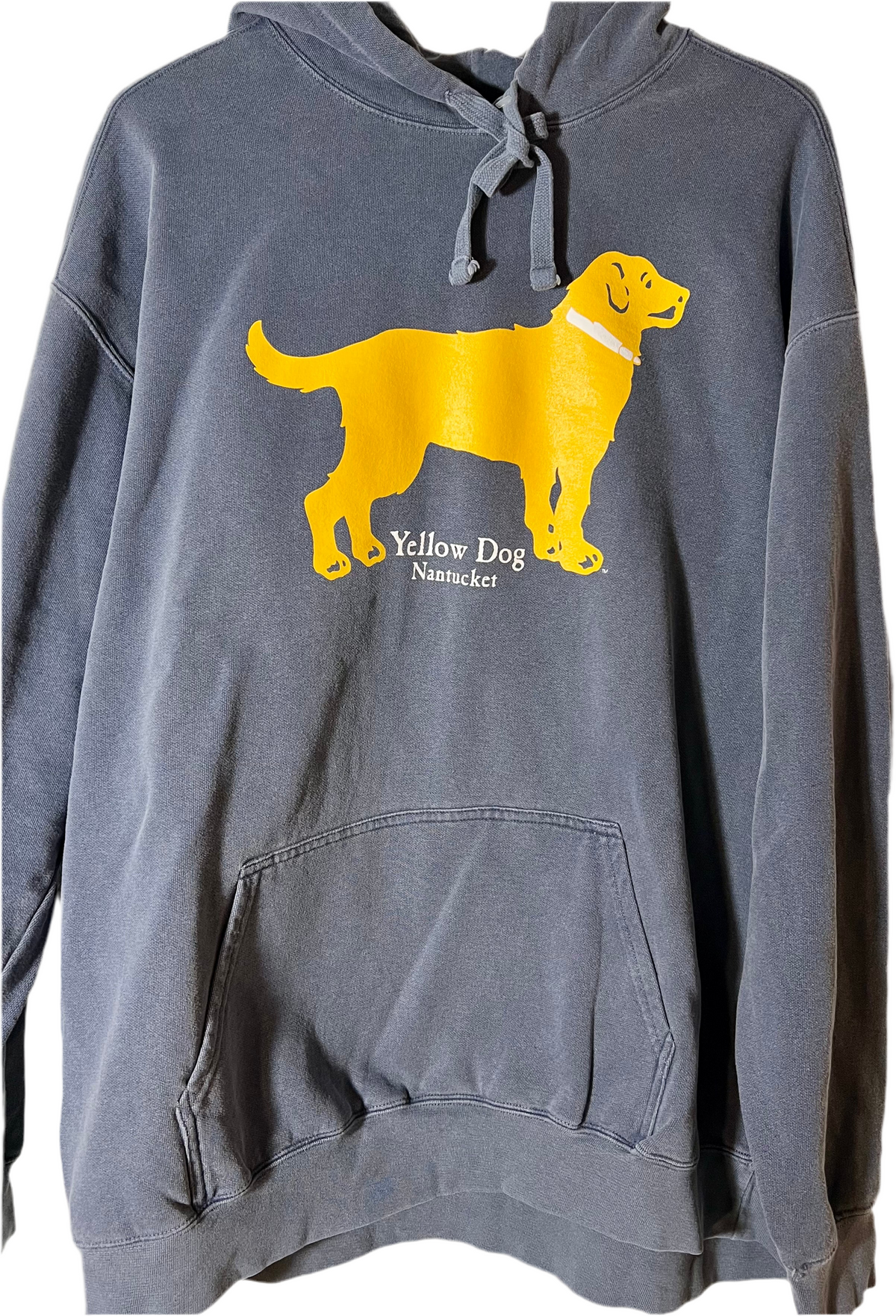 Washed Denim Blue Yellow Dog pullover hooded sweatshirt with front pouch pocket