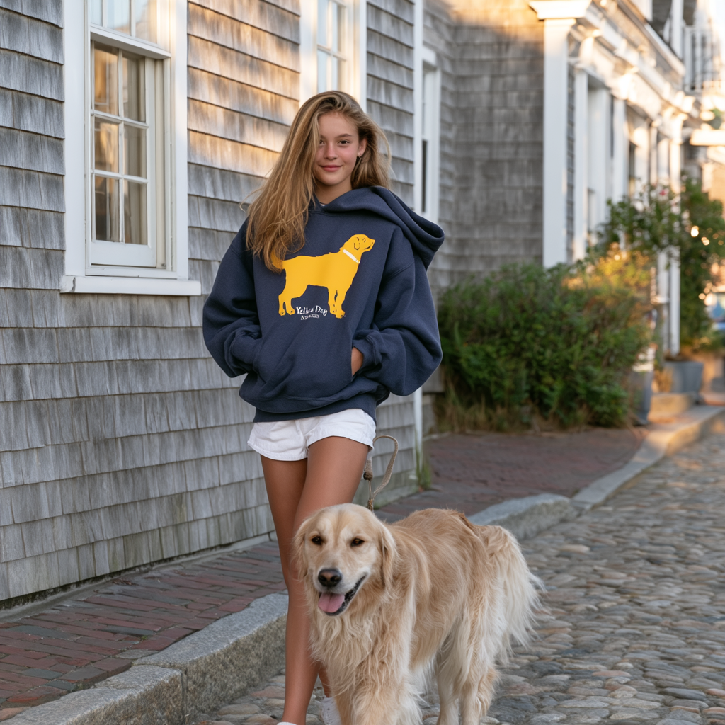 Yellow Dog Pullover Hooded Sweatshirt Washed Denim Blue