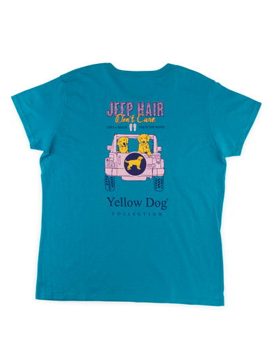 Women's Short Sleeve t-shirt Yellow Dog Collection: Jeep Hair: Caribbean Blue