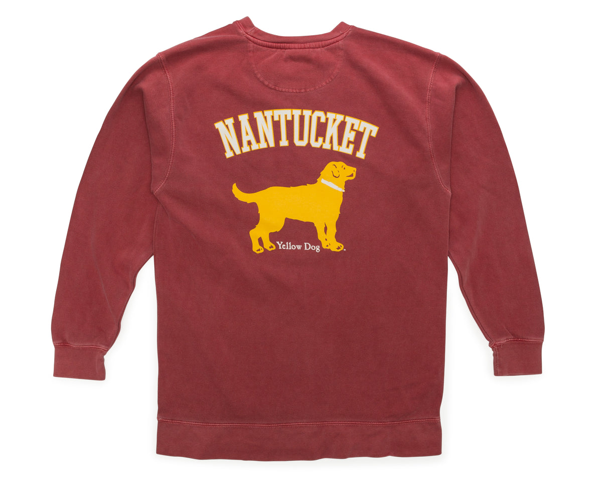Red sweatshirt with yellow dog graphic and 'Nantucket' text on a white background